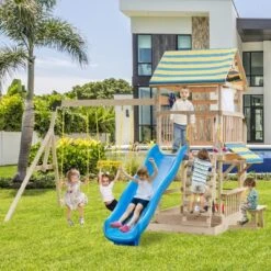 Costway Backyard Wooden Swing Set Slide Playset For Kids Outdoor Climbing Wall Sandpit