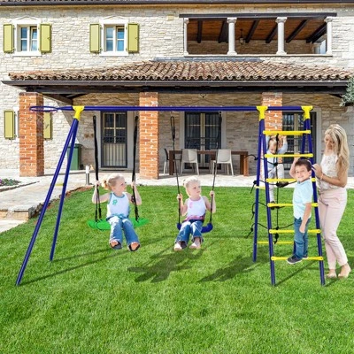 Costway 5-In-1 Outdoor Kids Swing Set W/ Heavy Duty Swing Frame & Ground Stakes Backyard 1 Costway 5-In-1 Outdoor Kids Swing Set W/ Heavy Duty Swing Frame & Ground Stakes Backyard
