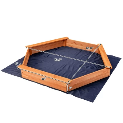 Costway Hexagon Wooden Cedar Sand Box W Seat Boards & Cover & Ground Liner 1 Costway Hexagon Wooden Cedar Sand Box W Seat Boards & Cover & Ground Liner