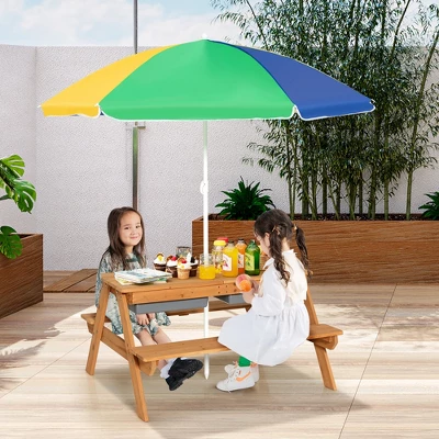 Costway 3-in-1 Kids Picnic Table Wooden Outdoor Sand & Water Table W/Umbrella Play Box Es 1 Costway 3-in-1 Kids Picnic Table Wooden Outdoor Sand & Water Table W/Umbrella Play Box Es