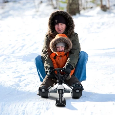 Costway Kids Snow Racer Sled W/Steering Wheel Double Brakes Pull Rope Iron Frame 2 Costway Kids Snow Racer Sled W/Steering Wheel Double Brakes Pull Rope Iron Frame - Image 2