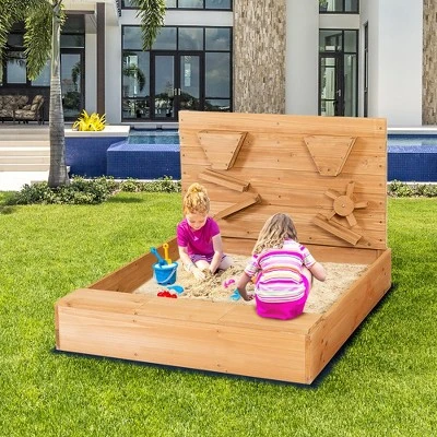 Costway Wooden Sandbox W/ Sand Wall & Cover & Bottom Liner For Kids Outdoor 3 Costway Wooden Sandbox W/ Sand Wall & Cover & Bottom Liner For Kids Outdoor - Image 3