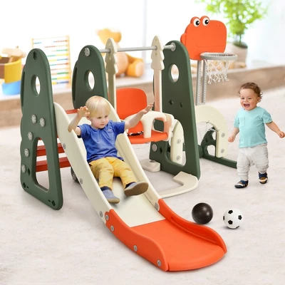 Costway 6 In 1 Toddler Slide And Swing Set Climber Playset W/ Ball Games WhiteOrange 1 Costway 6 In 1 Toddler Slide And Swing Set Climber Playset W/ Ball Games WhiteOrange